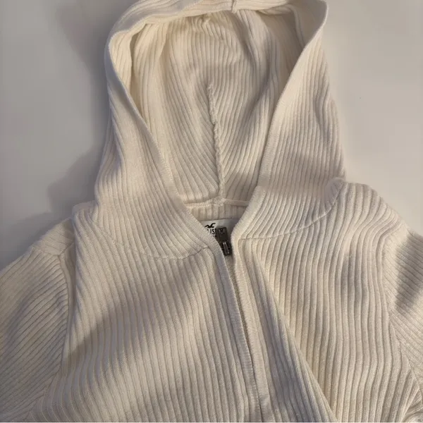 Hollister White Crop Ribbed Zip Up Sweater Hoodie - Image 6