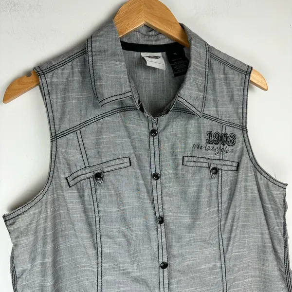 Harley Davidson Y2K Button Down Shirt Vest Sz XL Grey Graphic Back - Image 5