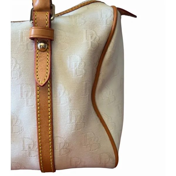 Vintage Dooney & Bourke White Monogram Canvas Barrel Satchel Bag Leather Trim - Image 5