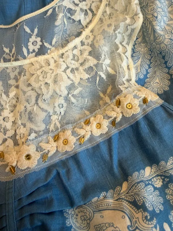 Free People Blue Ivory Paisley Lace Yoke Shift Dress Boho Mini Size 4 Women's - Image 12