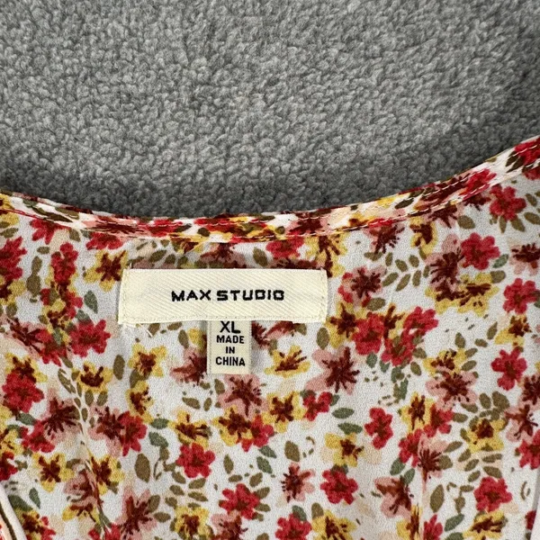 Max Studio Floral V-Neck Blouse Women's XL Yellow/Red Belted Ruffle Boho - Image 3