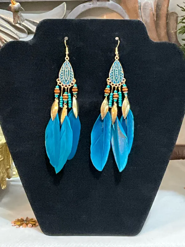 Blue feather earrings with gold accents - Image 3