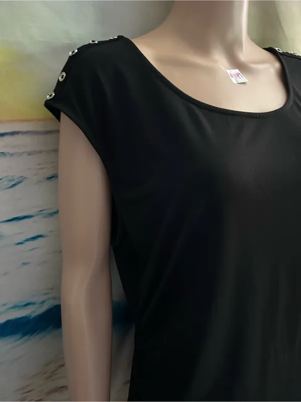 Premise Women’s Black Short Sleeve Scoop Neck Top with Shoulder Stud Detail XL - Image 5