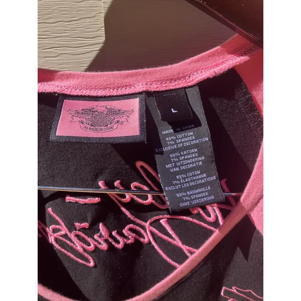 Harley Davidson Women's‎ Black Pink Stitching V Neck Short Sleeve Shirt Large - Image 5