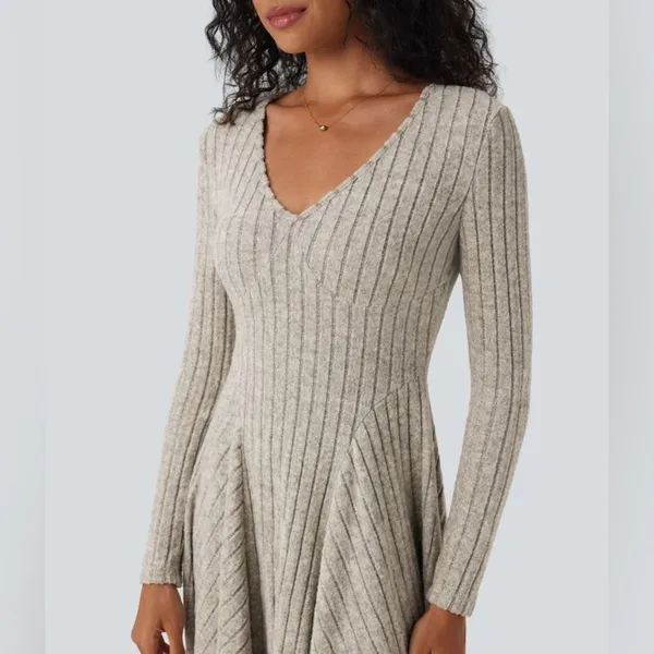 HALARA Ribbed Knit V Neck Long Sleeve Flare Mini Casual Dress NWT Size Small - Image 4