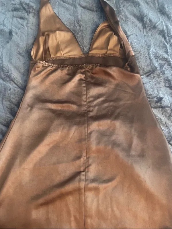 Sleek Satin Slip Dress in Rich Brown - Image 3