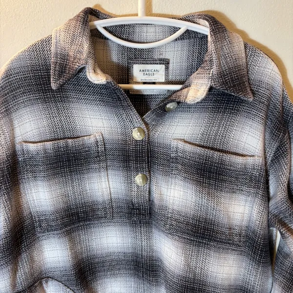 American Eagle Plaid Flannel Shirt Oversized‎ Fit Black White Grey Size Small - Image 2