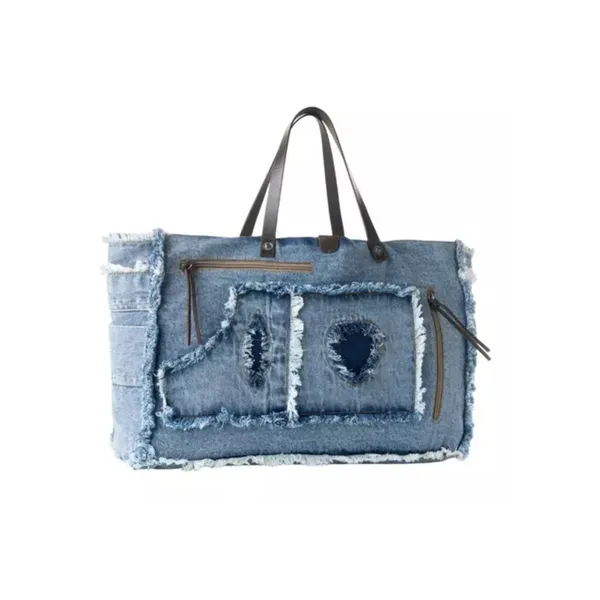 NWT Boho Patchwork Frayed Denim Western Shoulder Tote Bag Blue - Image 2