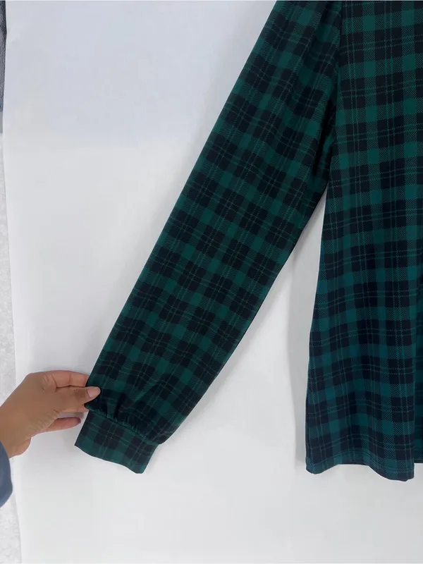 Ann Taylor Stretch Jersey Knit Green Black Plaid Tie-Neck Blouse Size S‎ - Image 5