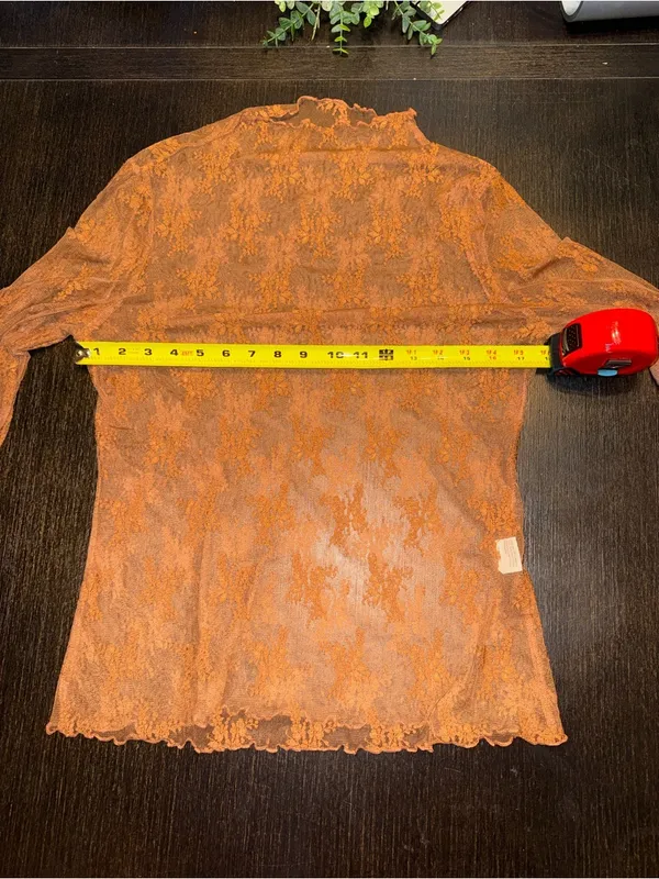 Sheer Floral Lace Mock Neck Long Sleeve Mesh Top Romantic Boho Y2K Brown Size XL - Image 5
