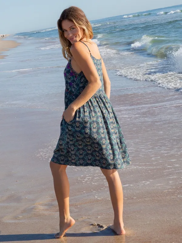 NATURAL LIFE Sara Embroidered Floral Mini Dress Dark Teal Medallion‎ Size XS - Image 2