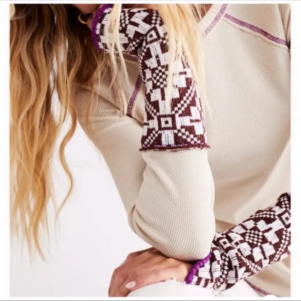 Free People She's Reversible Cuff Thermal Tee Oatmeal Size Small Bohemian - Image 8