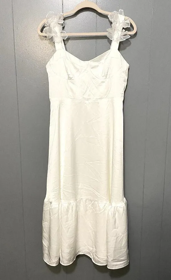 NWOT Lulus Divinely Charming White Satin Floral Applique Bustier Midi Dress M - Image 3