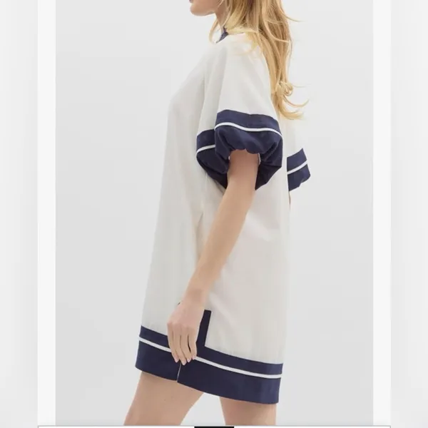 NEW Cotton Color Block Pullover V-Neck Puff Sleeve Mini Dress with Pockets S - Image 5