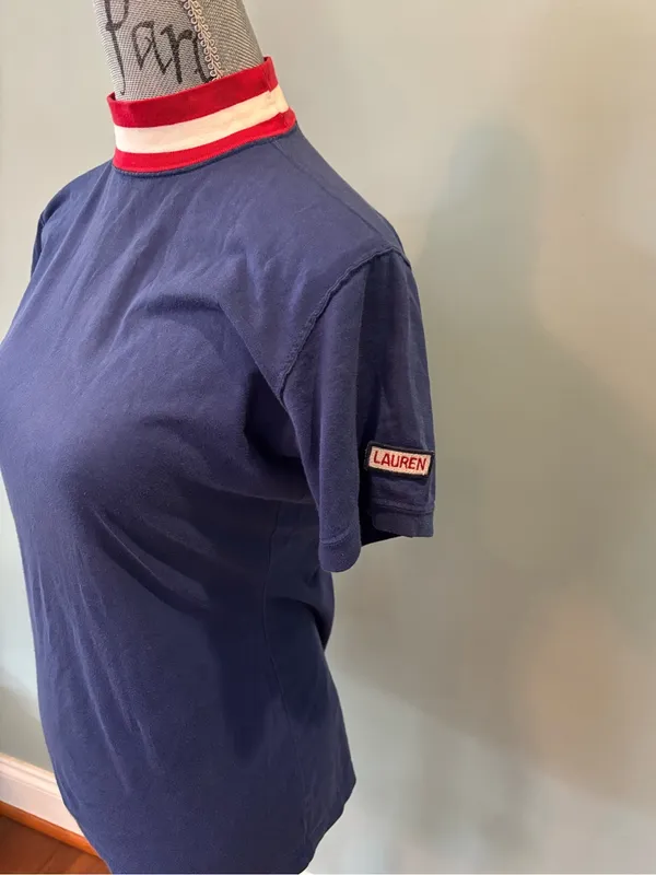 Vintage Lauren Ralph Lauren Royal Blue Tee with Red & White Striped Mock Neck - Image 5