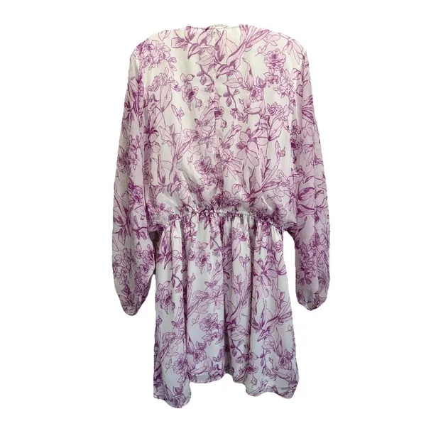 A New Day‎ Chiffon Floral Short Dress Size L Long Sleeve Lined Ruffle Purple/Wh - Image 5