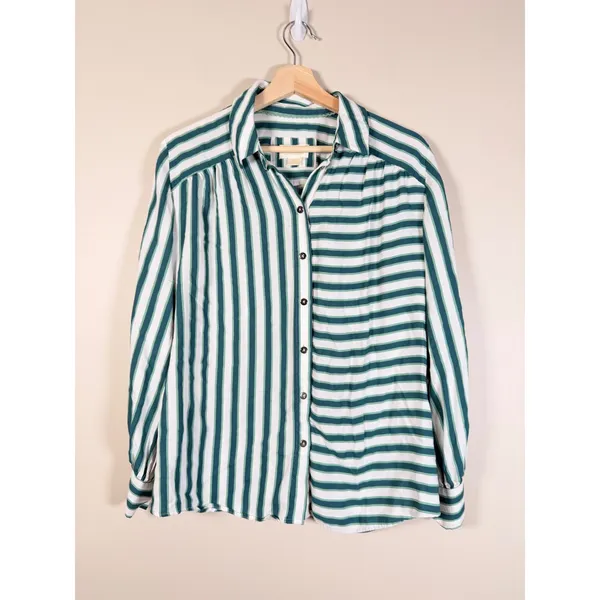 Maeve Anthropologie Green White Striped Button Down Shirt Long Sleeve Small - Image 2