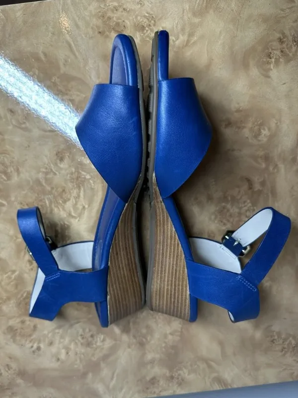Cole Haan Grand.OS Blue Leather Ankle Strap Wedge Sandals Size 6B - Image 6