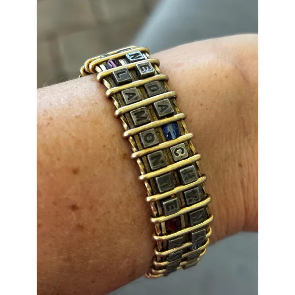 Vintage‎ Wire Wrapped Letter Block Bracelet Gold Tone Mixed Metal Statement - Image 2