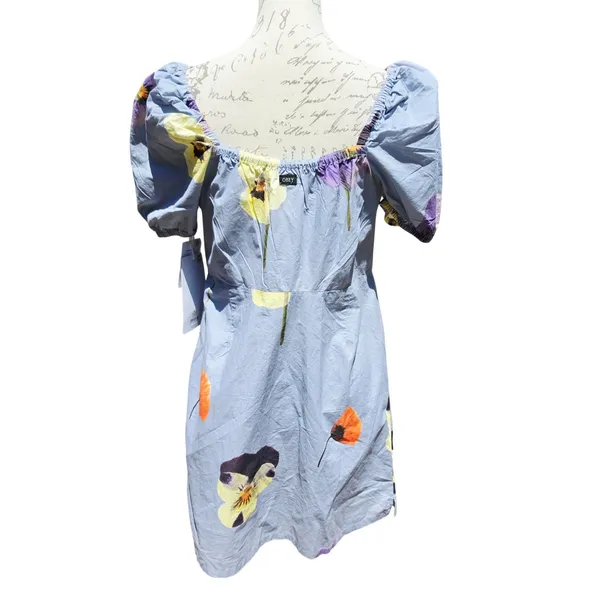 Obey NWT Redux Dress Opal Multi Floral Pansy Blue Cotton Mini Puff Sleeve Size M - Image 8