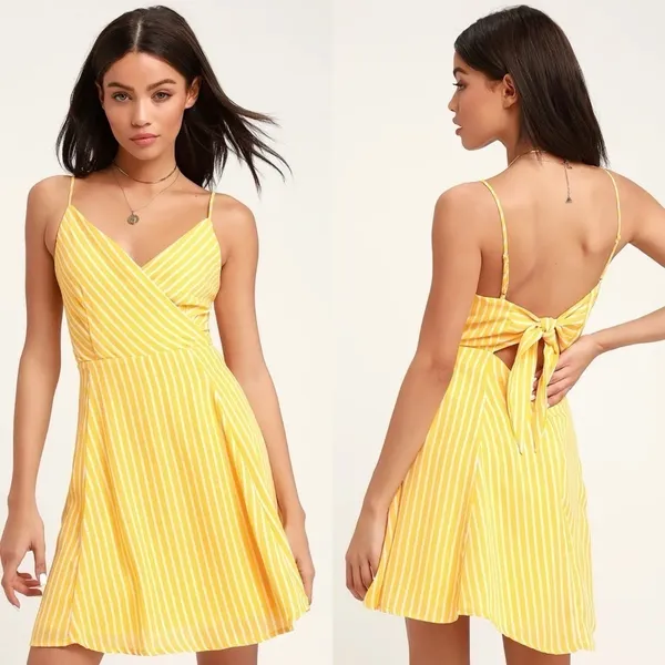 Lulus Jayla‎ Striped Tie-Back Skater Dress in Yellow Size Extra Small - Image 2