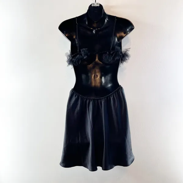 For Love & Lemons Satin Tulle Trim Cutout Mini Slip Dress Black Medium - Image 5