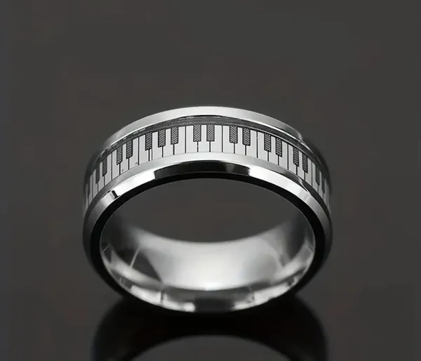 Unique 8mm Black And White Keyboard Pattern Stainless Steel Band Size 10 - Image 2