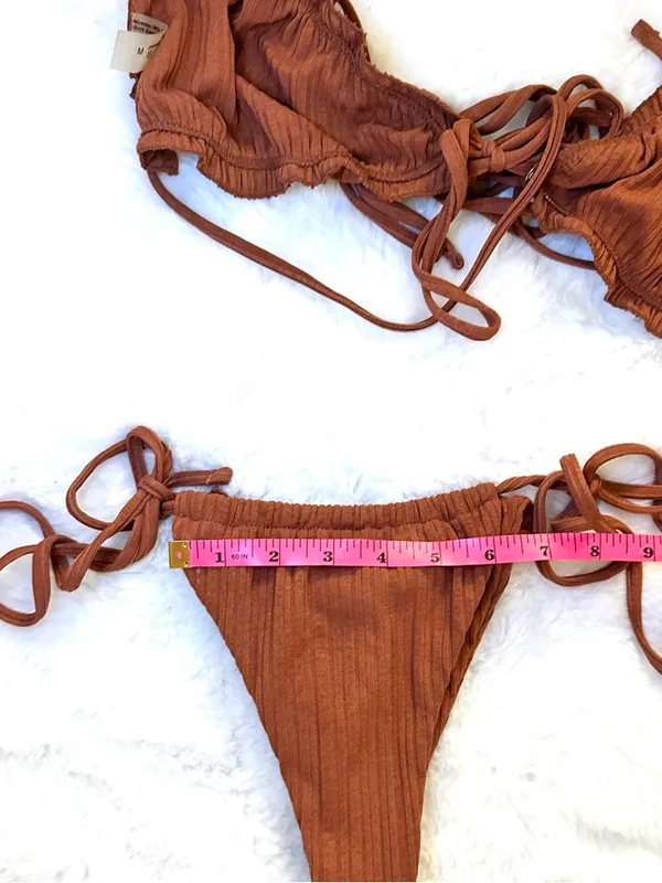 SHEIN Ribbed Burnt Orange Brown 3 Piece Tie Bikini Set Cover Up Sarong Medium - Image 4