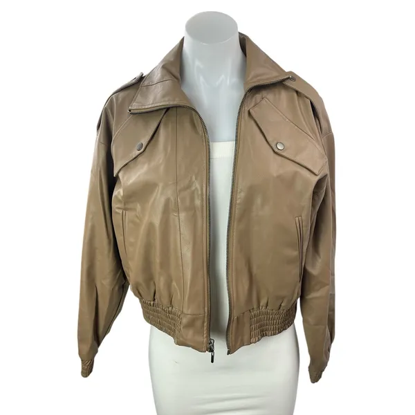 Nonchalant Women's Beige Tan Faux Leather Vegan Full Zip Bomber Jacket Size S - Image 3