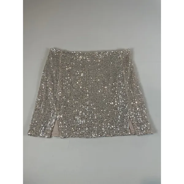 Grace Sequin Mini Skirt Beige Underlay Party Clubwear Night Out Metallic Size M - Image 2