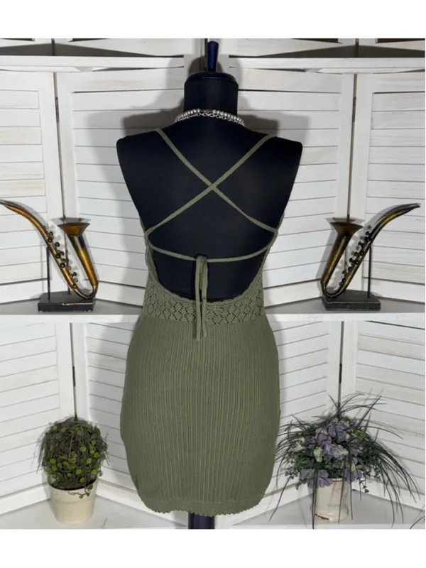 Y2K mini dress sage green crocheted cotton boho fairy backless festival grunge L - Image 2