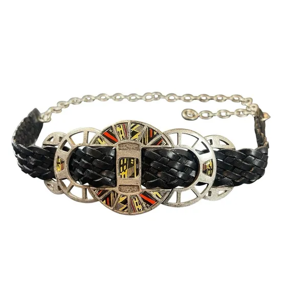 Y2K Chicos Black Braided Leather Chain Belt Enamel Concho Medallion Boho Western - Image 2