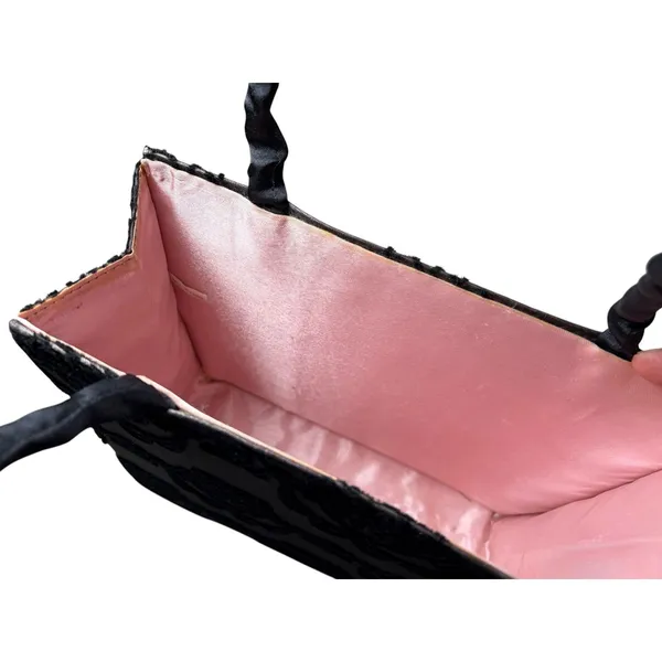 Victoria's Secret Pink Black Velvet Floral Flocked Evening Bag Satin Tote Handbag - Image 4