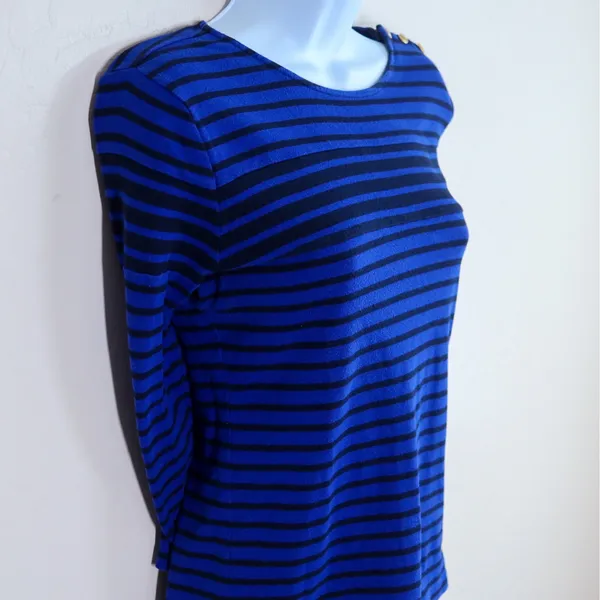 Lauren Ralph Lauren Blue Black Stripe Boat Neck 3/4 Sleeve Shirt‎ Top Womens L - Image 6
