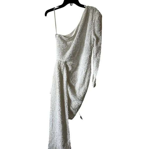 Asos Luxe one shoulder asymmetric draped mini dress in white sequin Size 8 New - Image 2