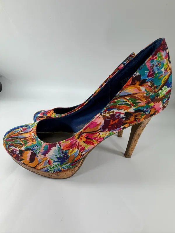 Fioni Floral Platform Pumps Cork Stiletto High Heels Multicolor Y2K Womens 8W - Image 4