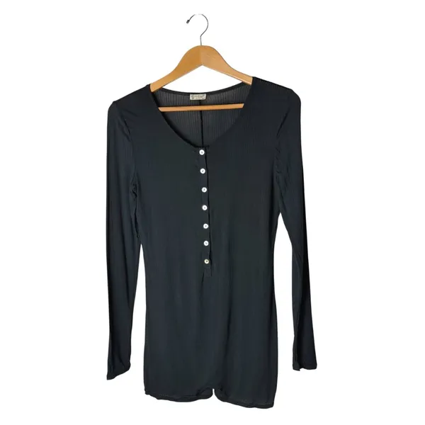 Free People Intimately Sleep In Romper Women Medium Black Henley Long Sleeve - Image 2