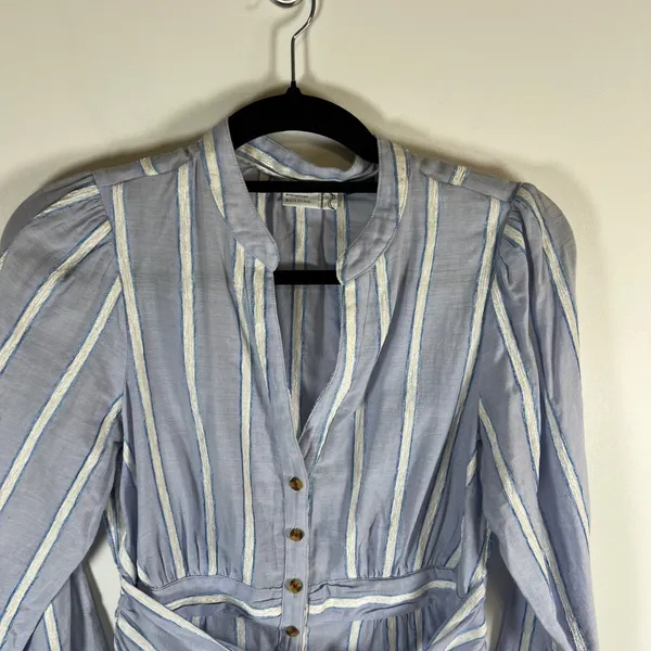 Anthropologie Building Blue‎ White Striped Tie Waist Button Down Blouse Top Sz 8 - Image 2