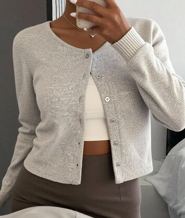 Grey Button Cropped Knit Cardigan - Image 2