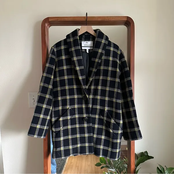 Derek Lam 10 Crosby Plaid Cocoon Coat Women's 4 Navy and Yellow Wool Blend Lined - Image 3