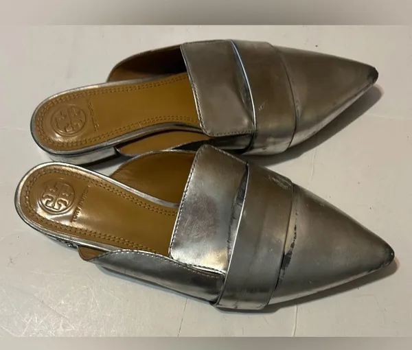 Tory Burch Pointed Toe Slip On Sandal Metallic Silver Womens 6.5 - Image 2