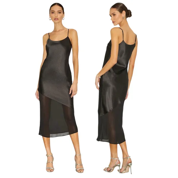Lulus Drew Black Satin and Chiffon Midi Slip Dress size Medium - Image 2