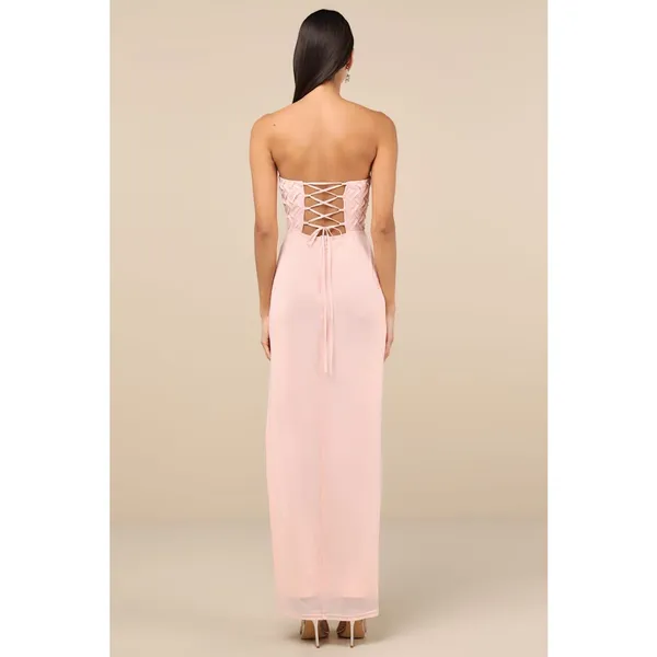 NWT Lulus Stunning Concept Light Pink Mesh Rhinestone Strapless Maxi Dress Sz M - Image 3