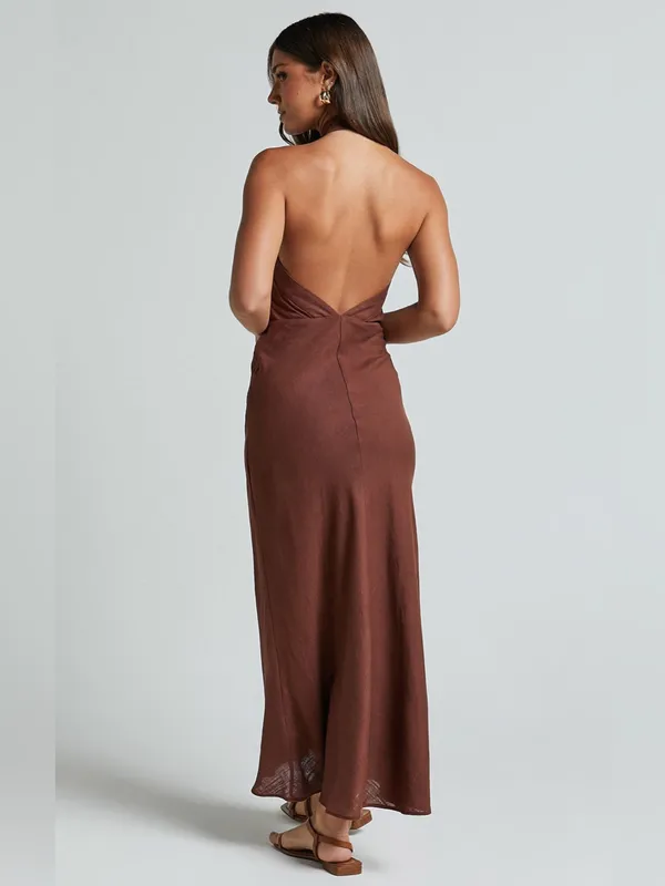 SHOWPO Maelynn Linen Twist Halter Neck Low Back Slip Dress In Chocolate - Image 9