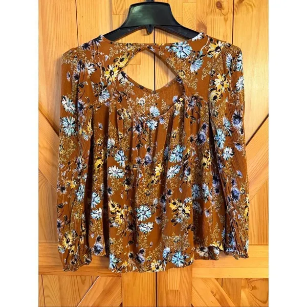 Papermoon Women’s Brown Multicolor Floral Long Sleeve Blouse Top Size Small (733 - Image 3