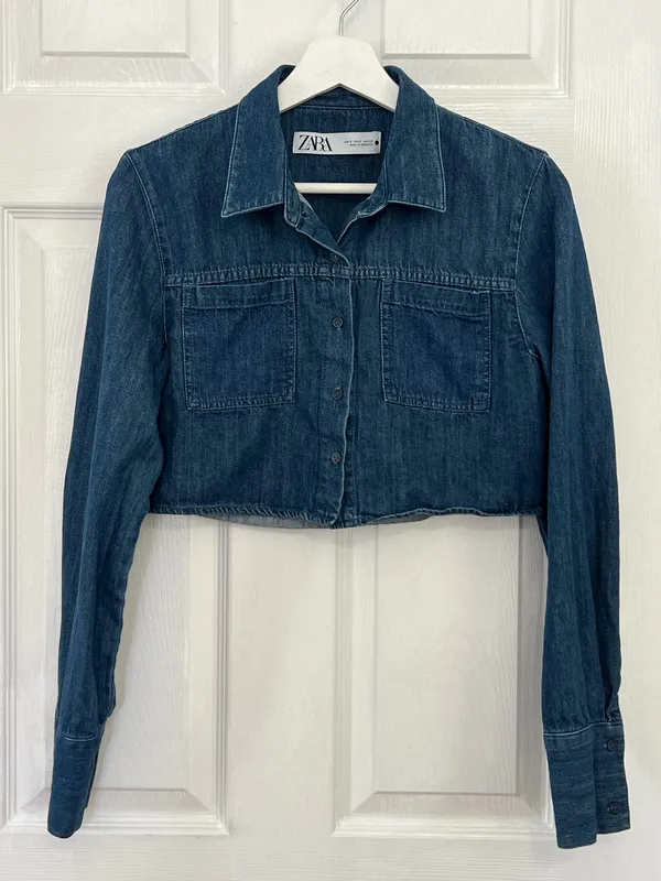 Zara Cropped Denim Shacket Utility Western Minimalist Y2K Button Up Blue Size XS - Image 2