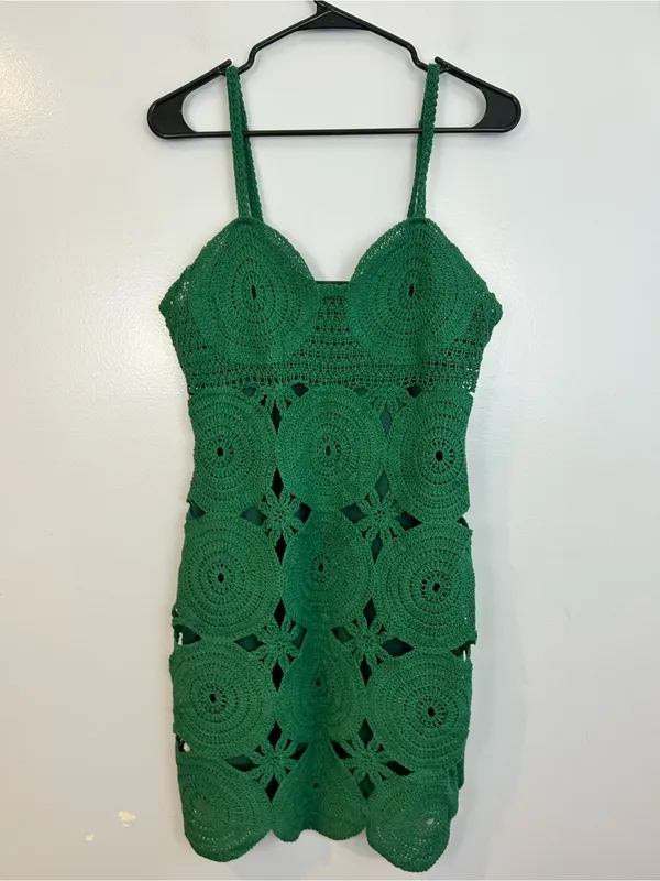 FORE Emerald Green Knit Crochet Sleevless Scallop Cotton Mini Dress Size Large - Image 2