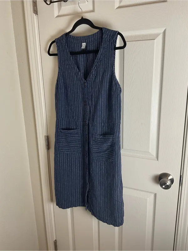 Old Navy Blue & White Striped Linen-Blend Sleeveless Woman’s Dress Size Large - Image 2
