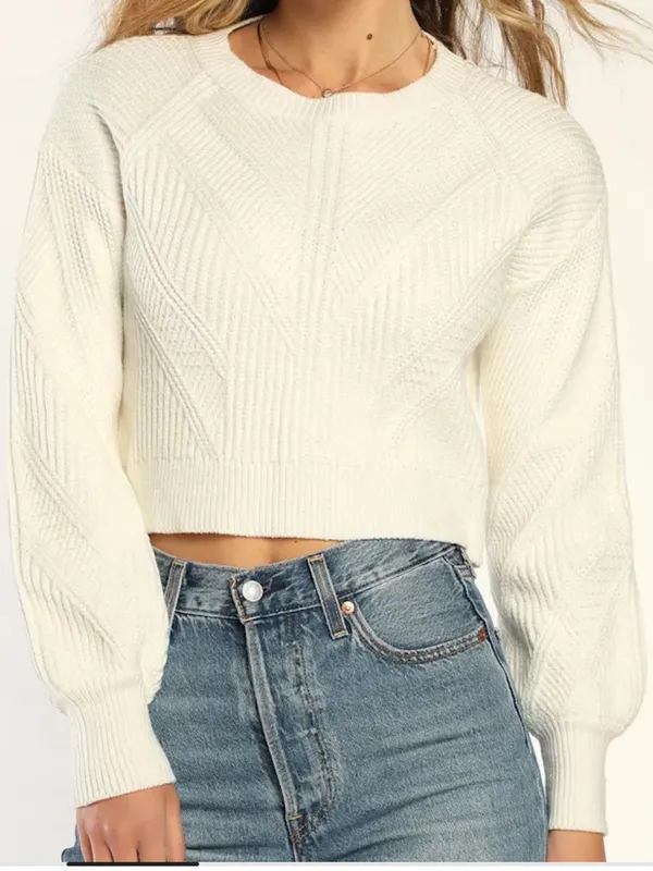 Lulus Perfect Layers Pointelle Balloon Sleeve Cropped Sweater - Image 2