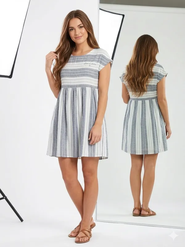 Altar'd State Dress Medium M Gray White Striped Cotton Mini Boho Babydoll Lined - Image 2
